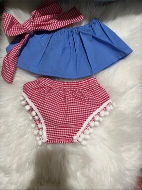 Girls Blue Ruffle Top with Red Gingham Pom-Pom Diaper Cover